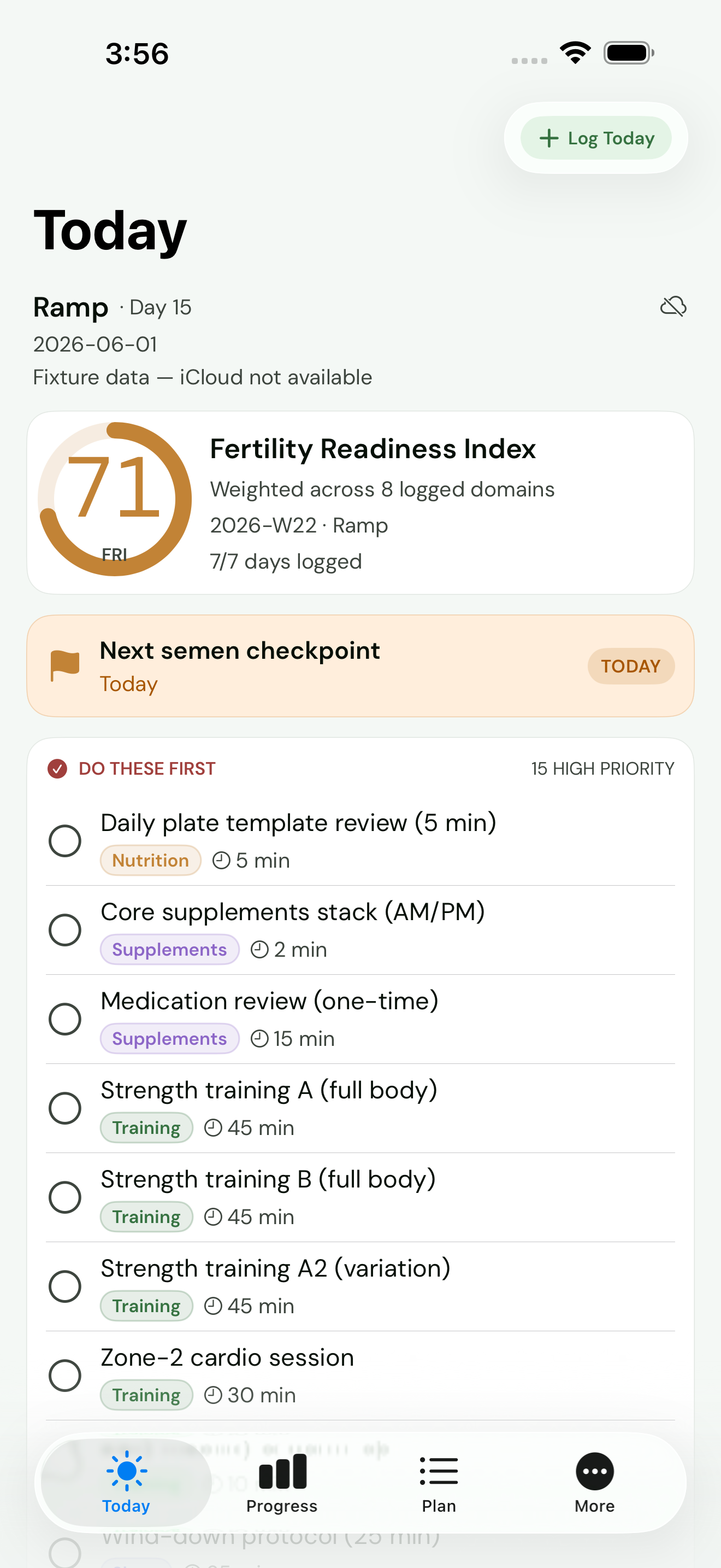 Origin Path Today screen showing FRI score ring, health metrics strip, and daily priority list